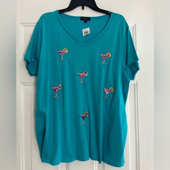 Turquoise V-Neck Short Sleeve Top with Cocktail glass w sequins Print 2x - Picture 1 of 7